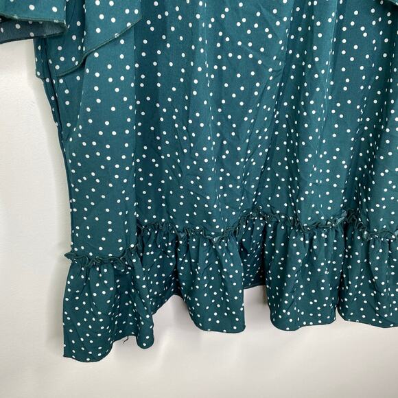 Green White Polka Dot Keyhole Mock Neck Ruffle Mini Dress Women's Size Large L - Picture 3 of 8